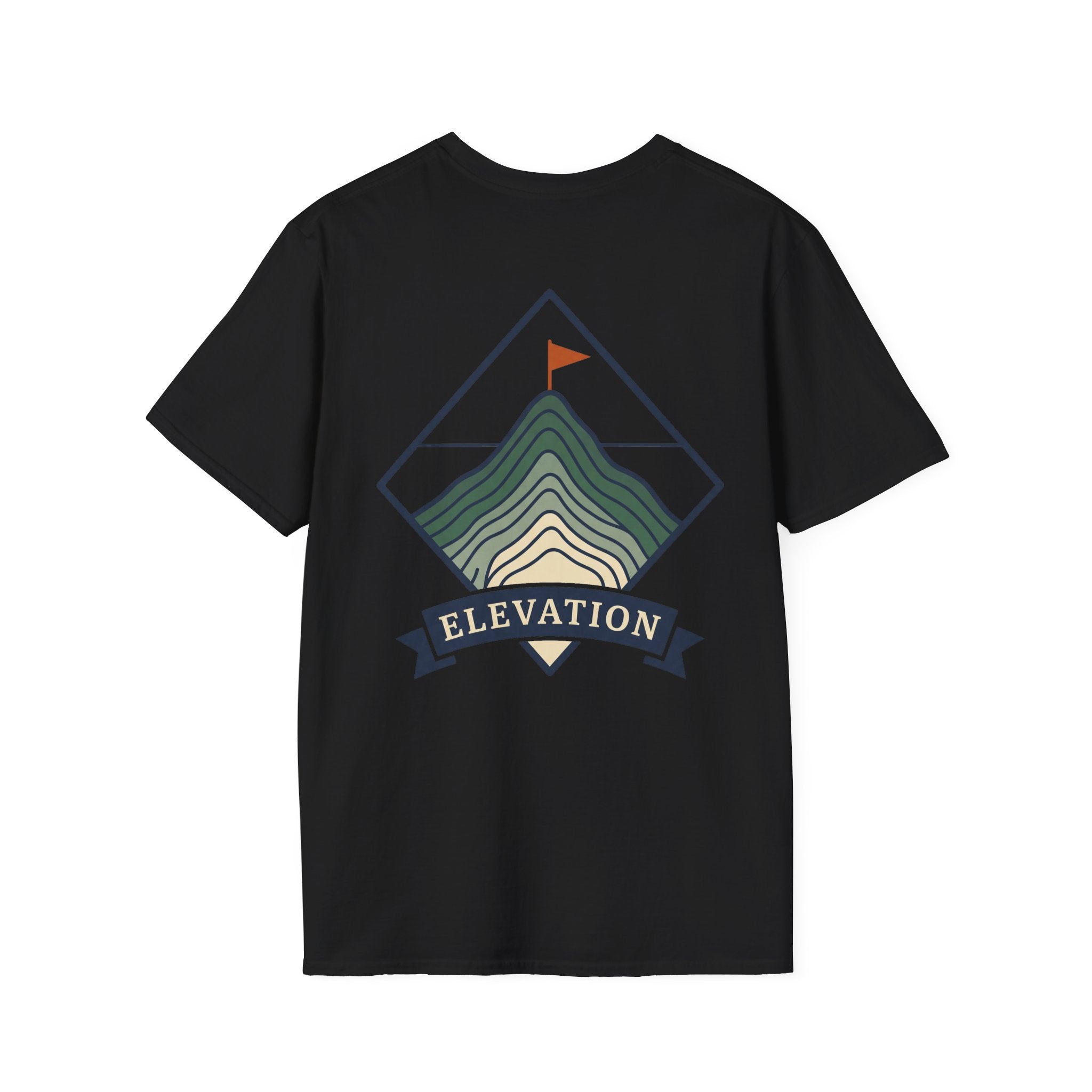 Black unisex T-shirt with mountain elevation badge graphic and striped peak lines