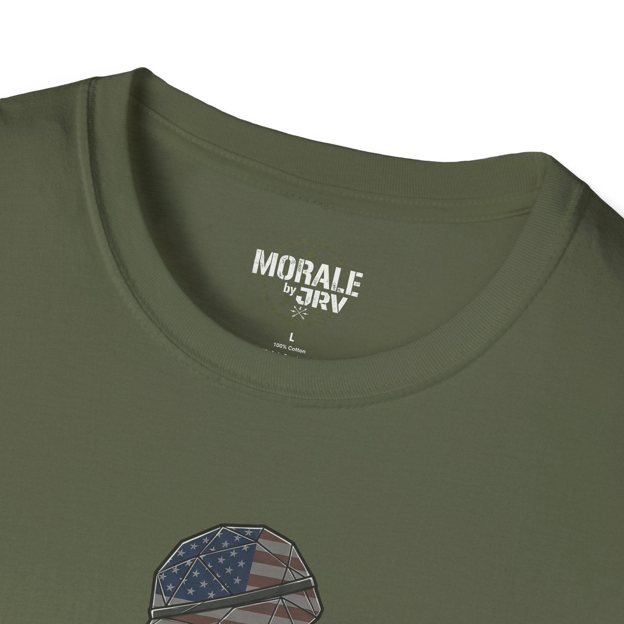 Military green crew-neck tee with 'MORALE by TR1' logo near collar