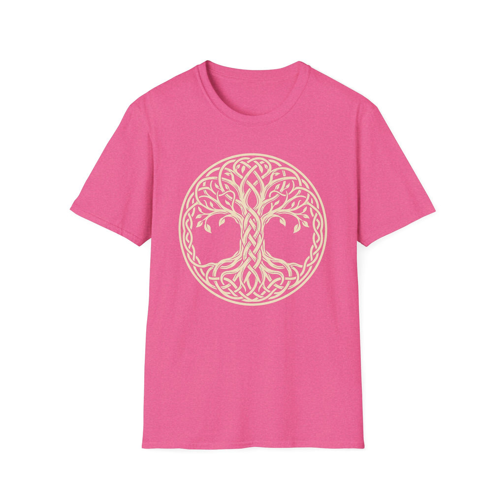 Pink T-shirt featuring a Celtic Tree of Life knotwork graphic inside a circle