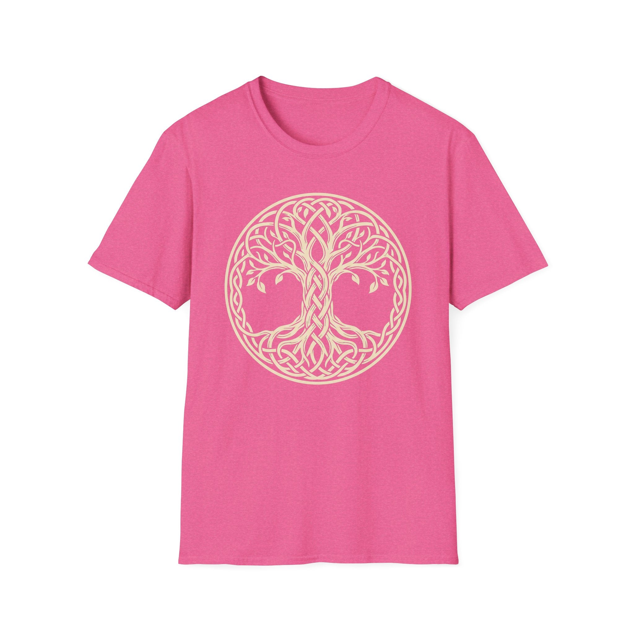 Pink T-shirt featuring a Celtic Tree of Life knotwork graphic inside a circle