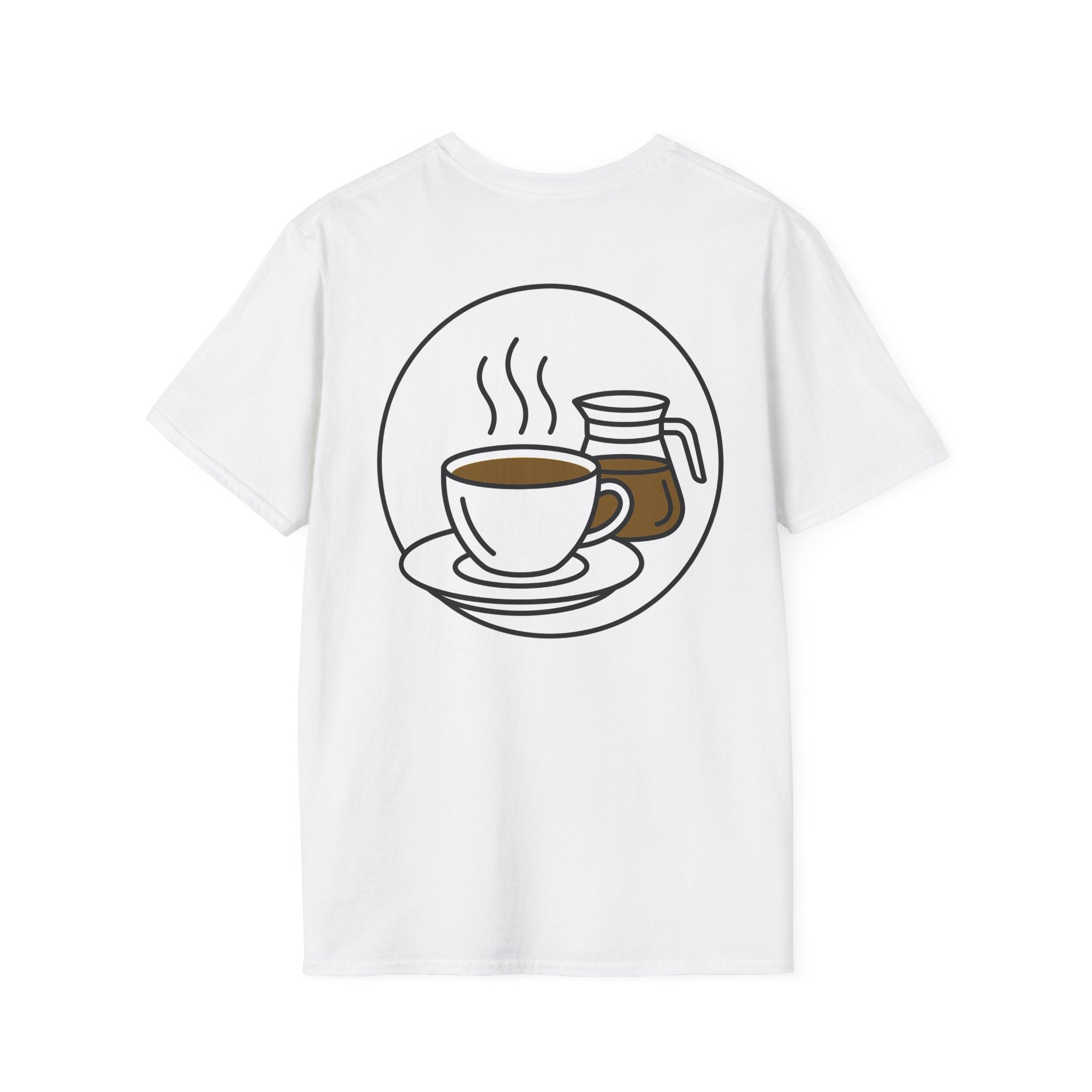 Coffee graphic T-shirt in white with steaming cup and coffee jar illustration