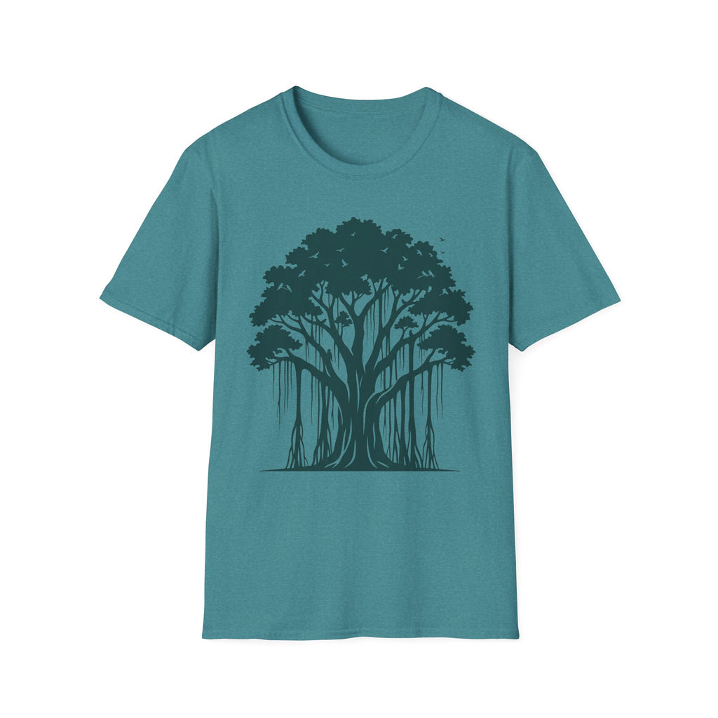 T-Shirt mit Banyan-Baum-Motiv, petrolblauer Stoff, Frontgrafik mit Baumkrone und Wurzeln