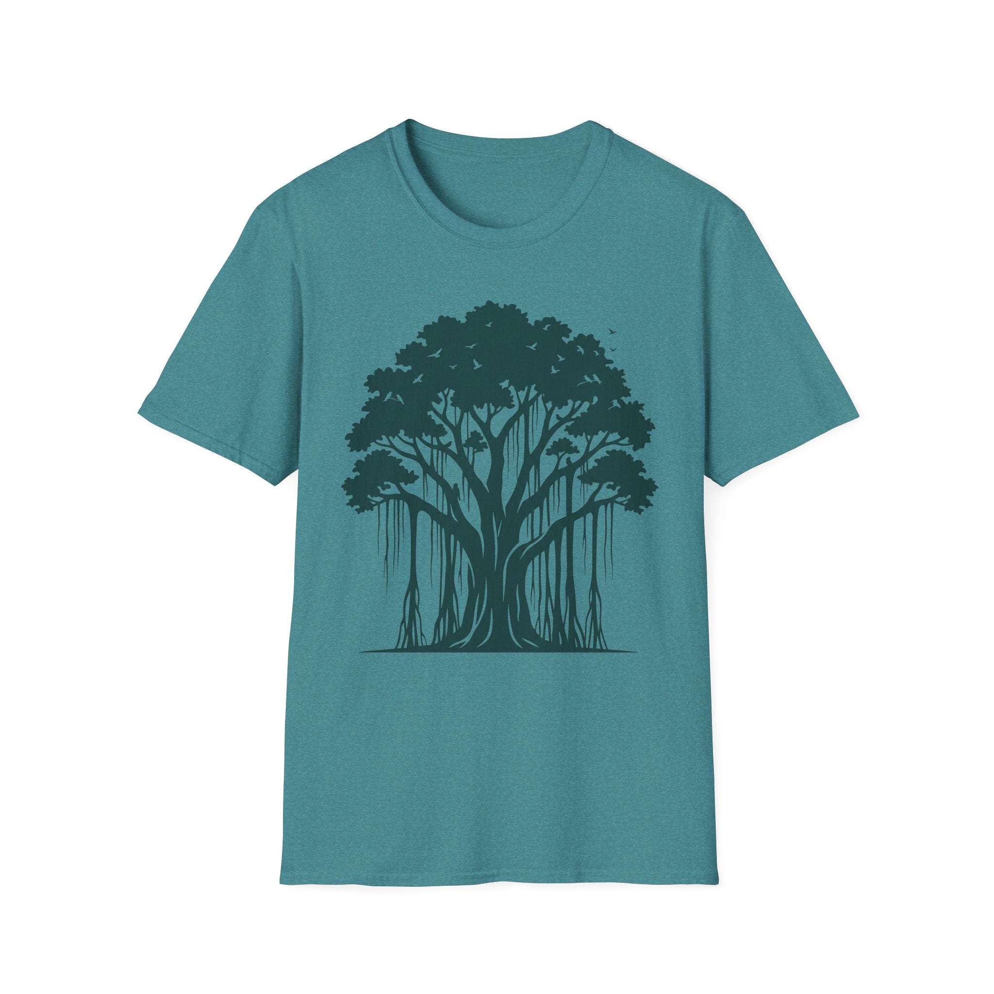 T-Shirt mit Banyan-Baum-Motiv, petrolblauer Stoff, Frontgrafik mit Baumkrone und Wurzeln