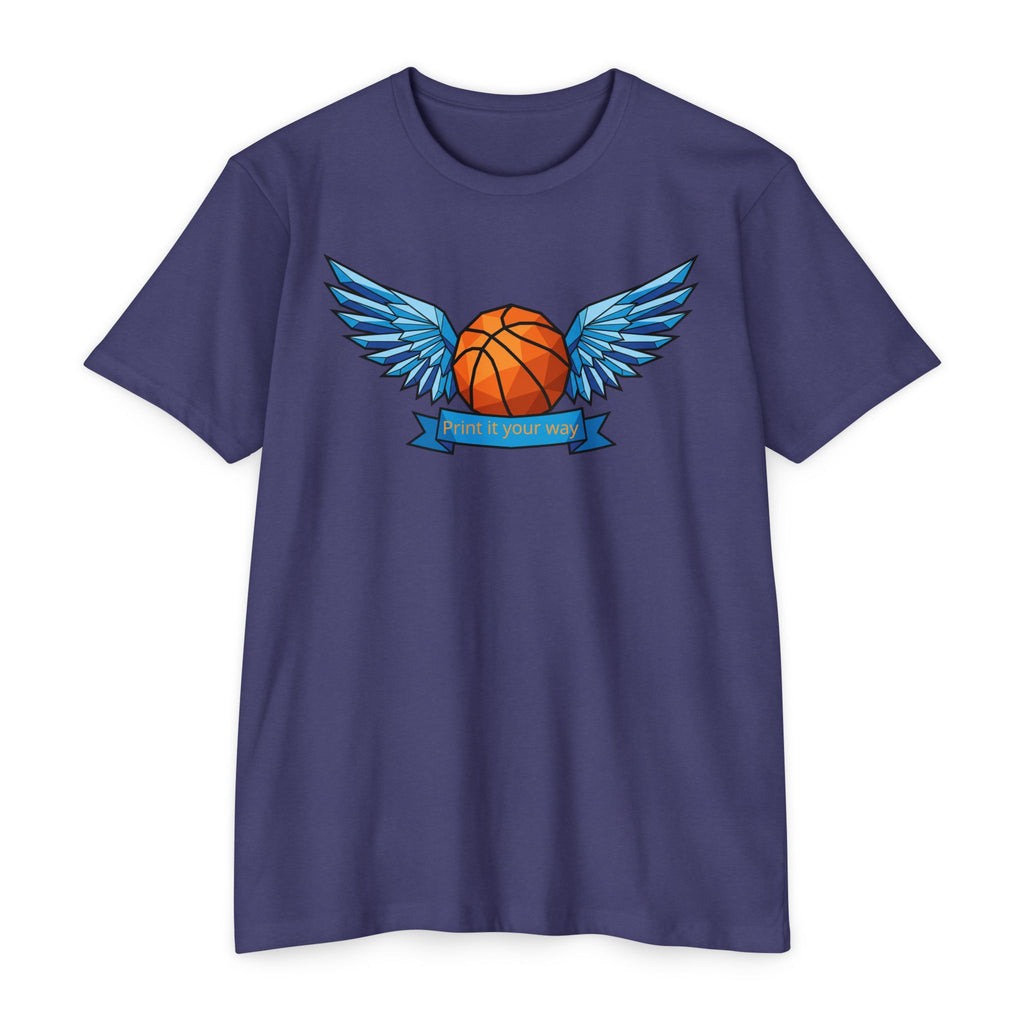 Purple t-shirt with winged basketball graphic and small banner print at center.