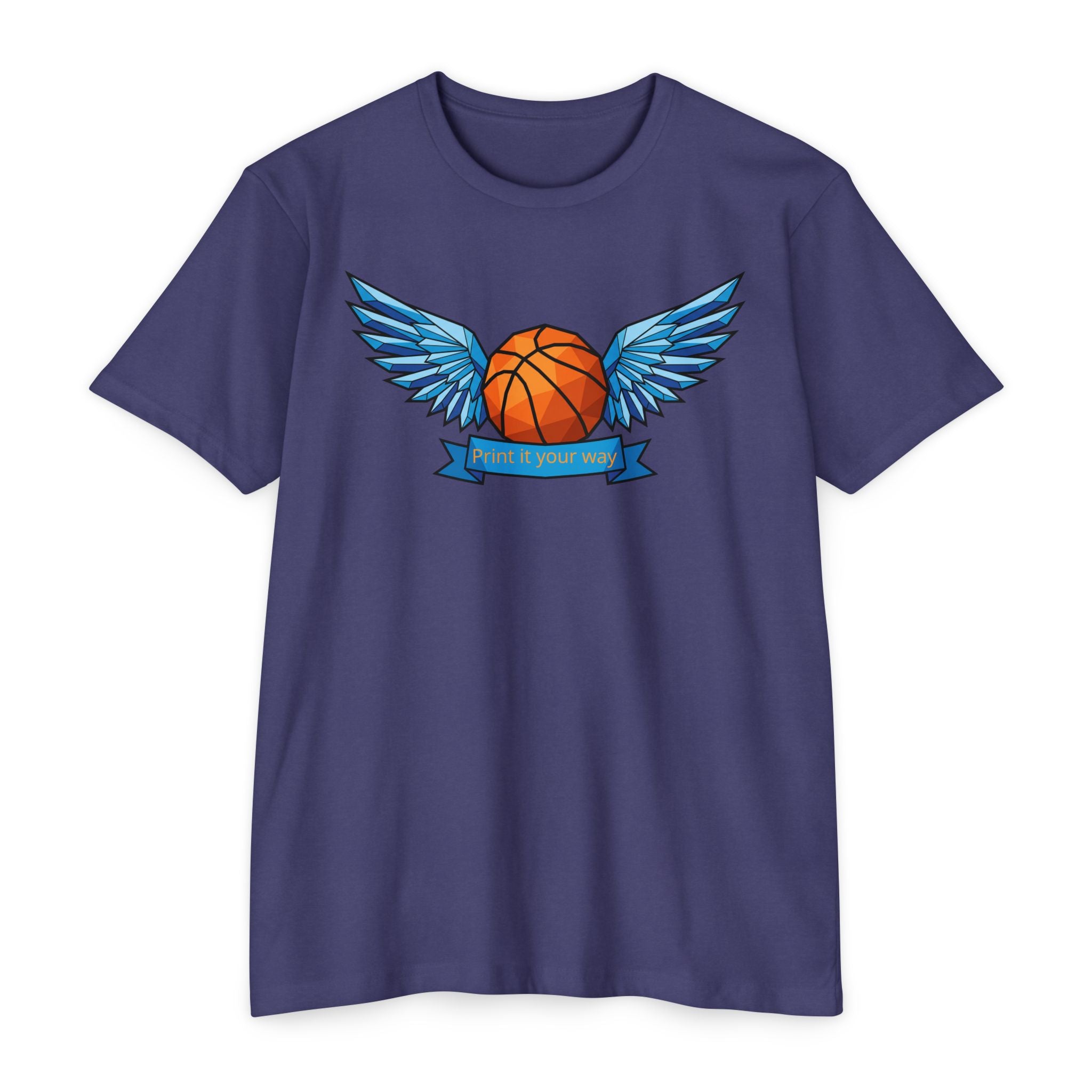 Purple t-shirt with winged basketball graphic and small banner print at center.