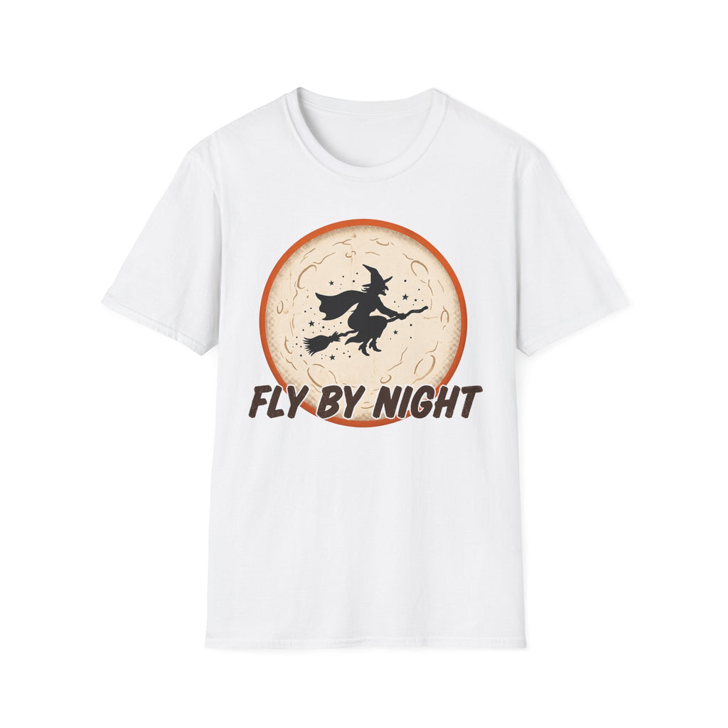 White Fly By Night t-shirt, front view with witch silhouette in orange circle and text