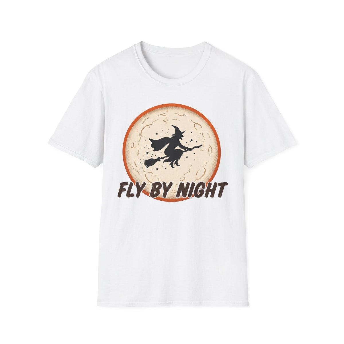 White Fly By Night t-shirt, front view with witch silhouette in orange circle and text