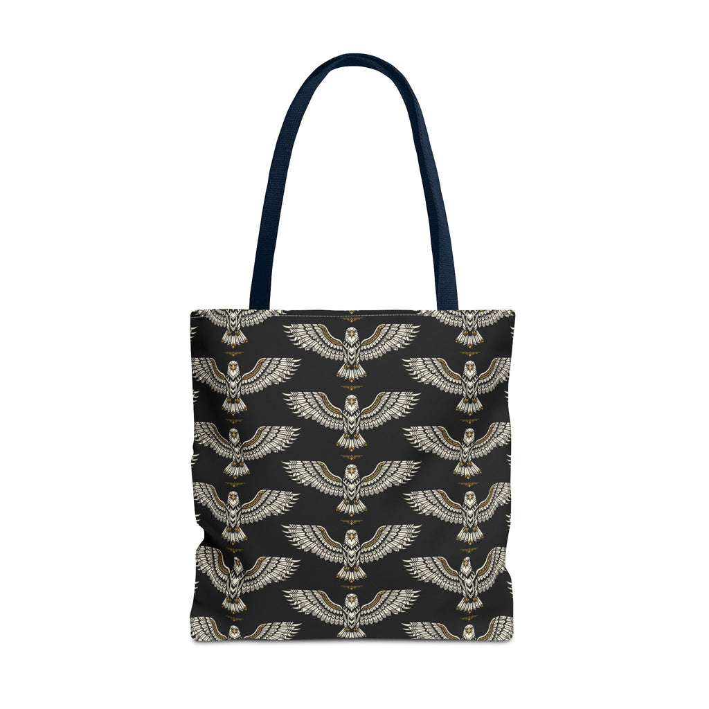 Tote bag with winged scarab pattern, gold emblems on black fabric, navy handles