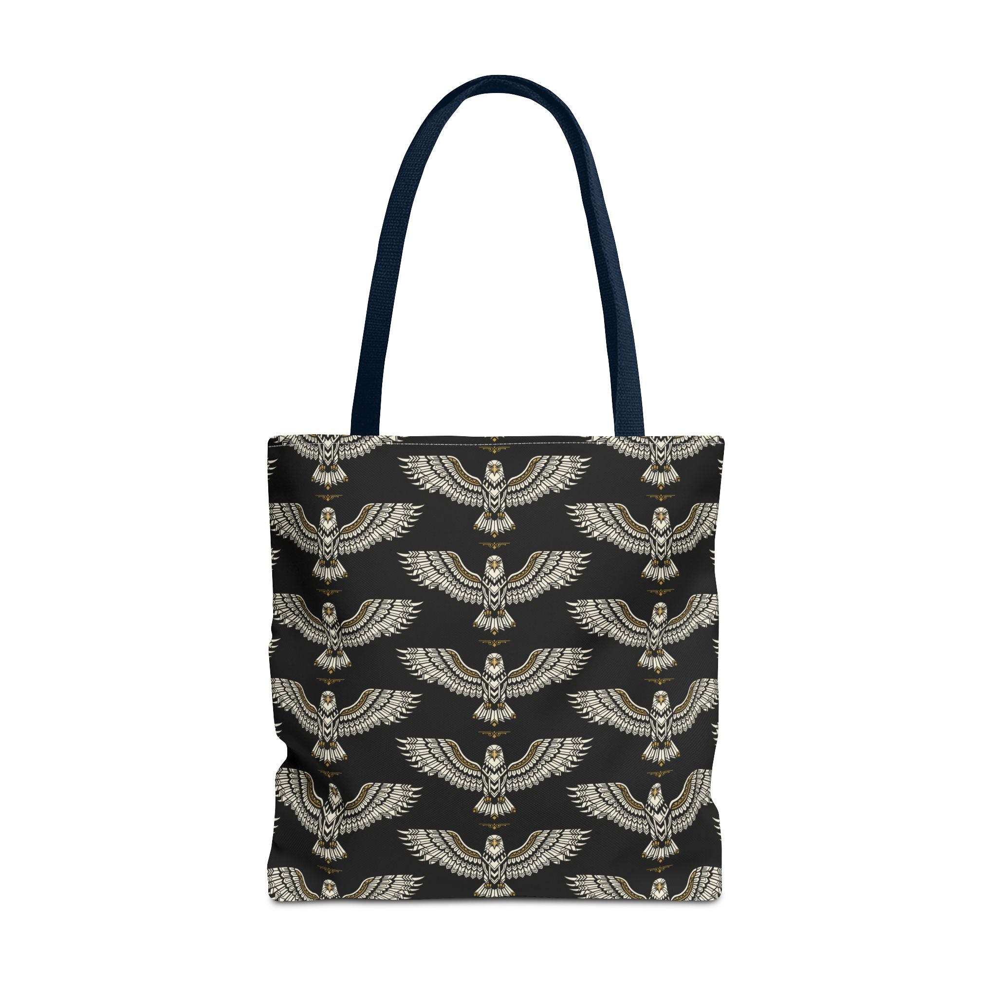 Tote bag with winged scarab pattern, gold emblems on black fabric, navy handles