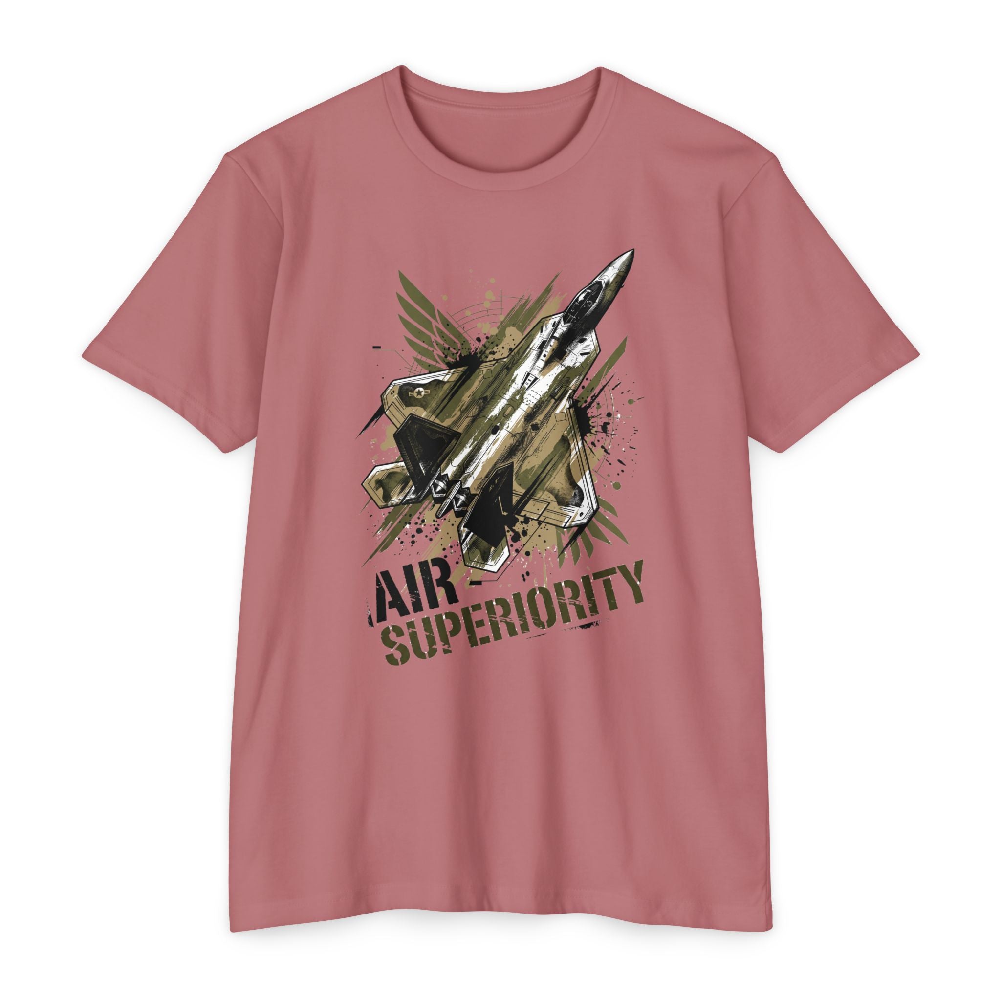 Mauve pink crewneck T-shirt with jet 'AIR SUPERIORITY' graphic.
