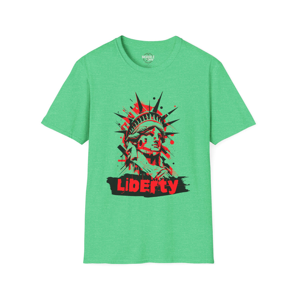 Liberty Statue graphic T-shirt, green; red-and-black “Liberty” chest graphic