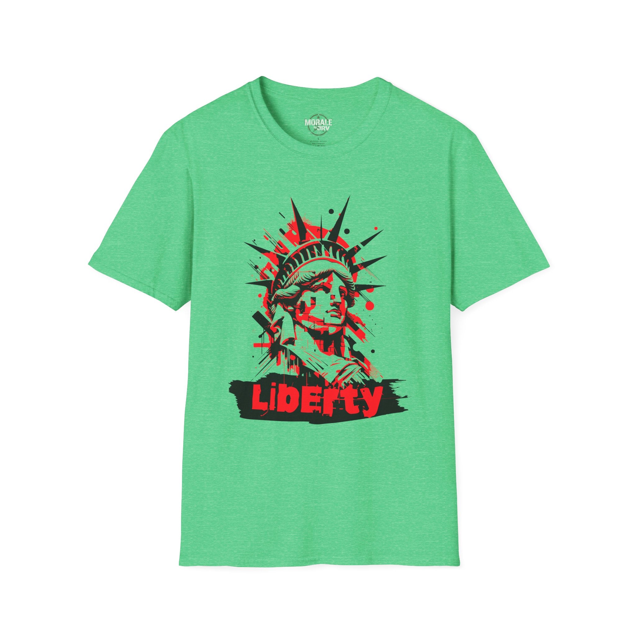 Liberty Statue graphic T-shirt, green; red-and-black “Liberty” chest graphic