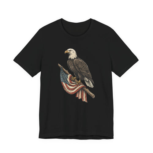 Black crewneck t-shirt with vintage bald eagle graphic holding American flag