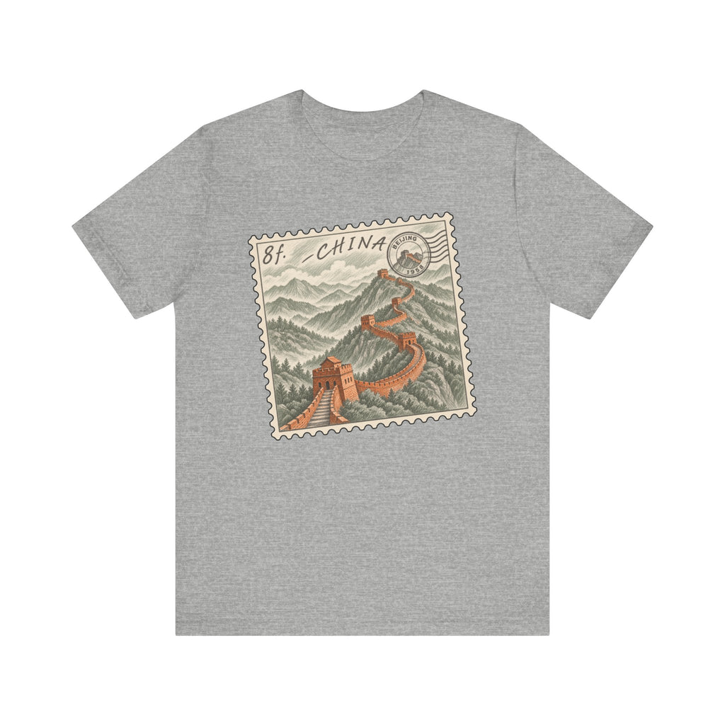 Heather gray short-sleeve tee with vintage postage stamp graphic of the Great Wall