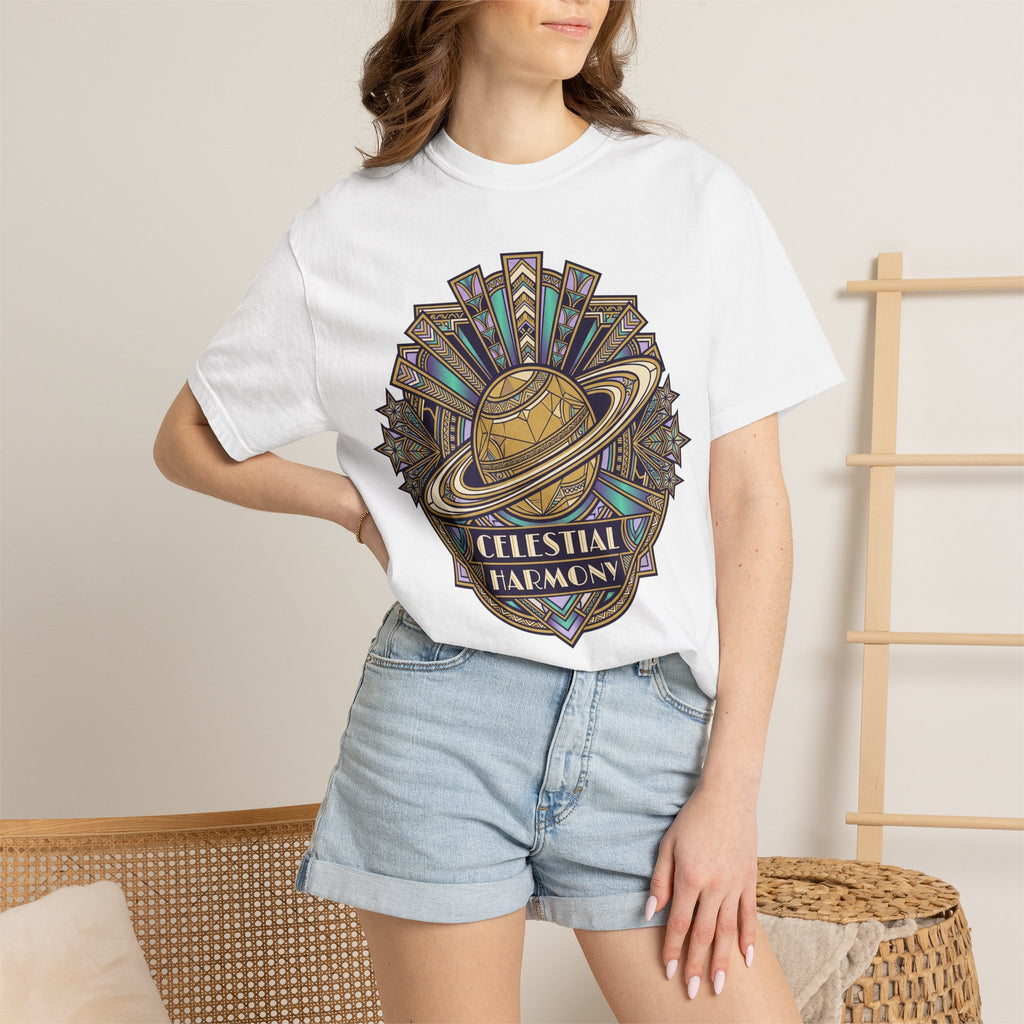 White crewneck T-shirt with multicolor Saturn graphic on the chest