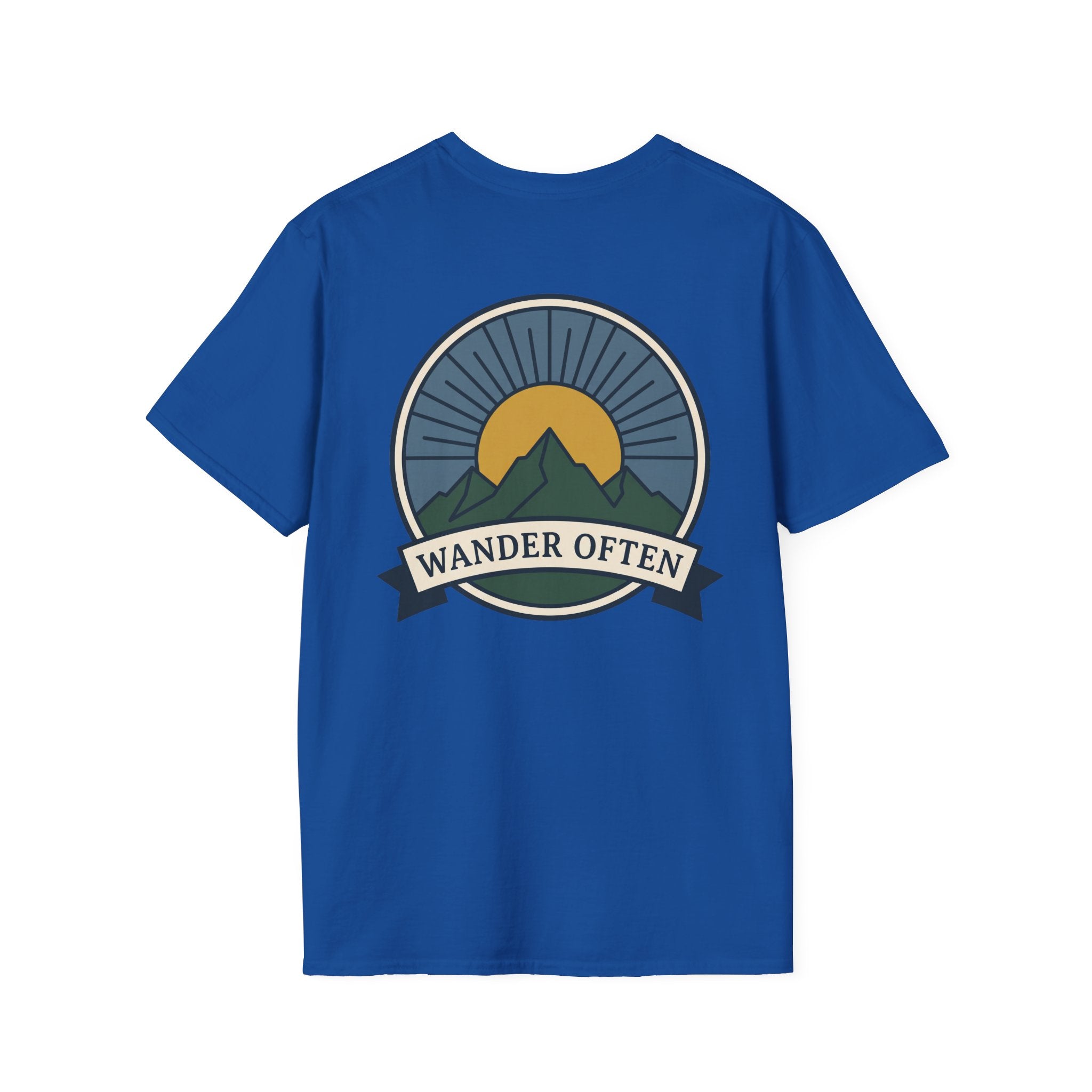 Royal blue unisex T-shirt with circular Wander Often badge and mountain graphic