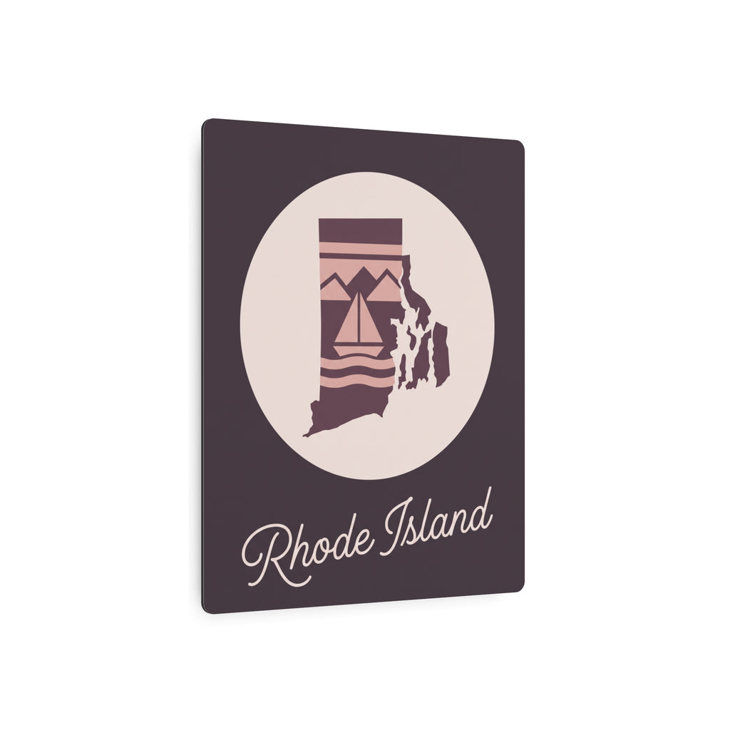Rhode Island silhouette metal wall art sign, mauve square with beige oval and script “Rhode Island”