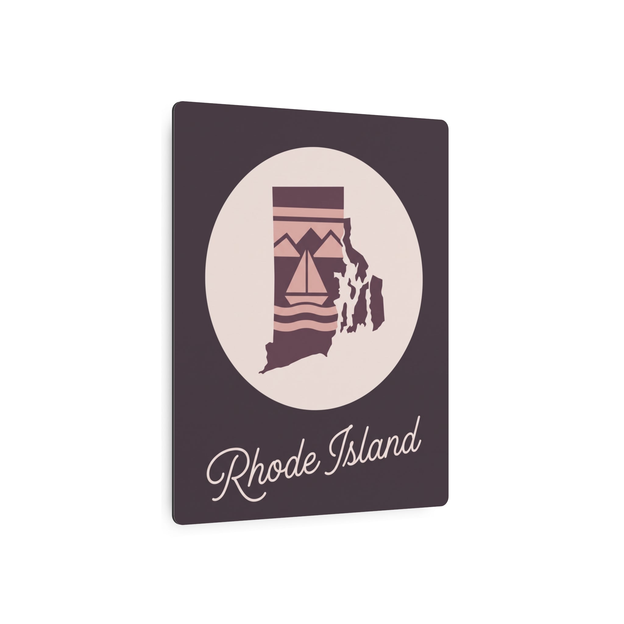 Rhode Island silhouette metal wall art sign, mauve square with beige oval and script “Rhode Island”