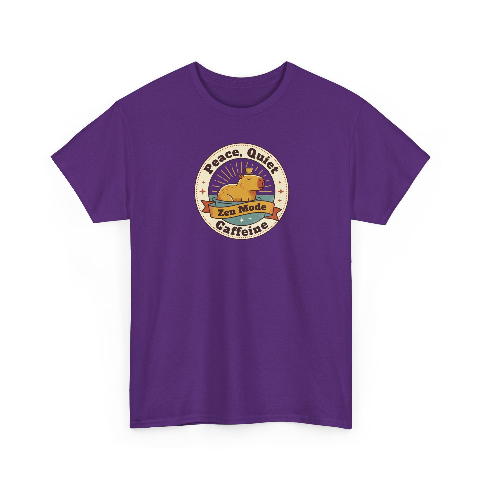 Purple crewneck T-shirt with Peace Quiet caffeine graphic