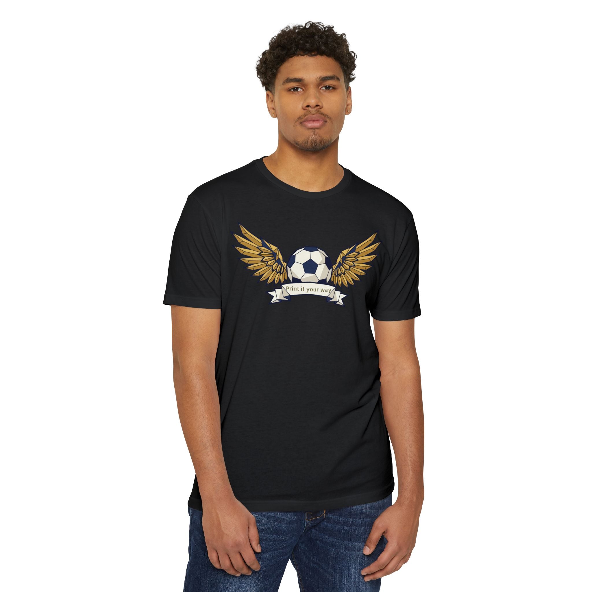 Black unisex soccer graphic T-shirt with winged ball design on the chest.