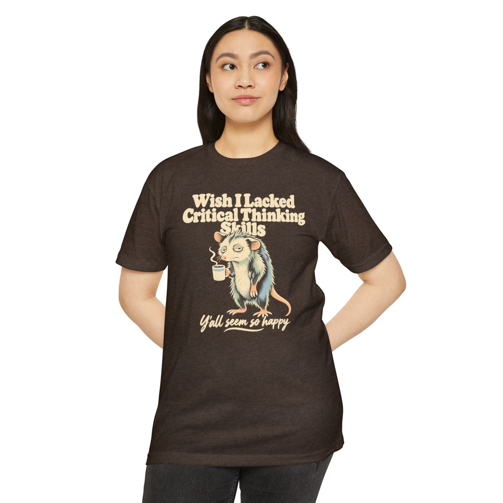 Short-sleeve T-shirt in dark brown with opossum holding coffee and printed slogan