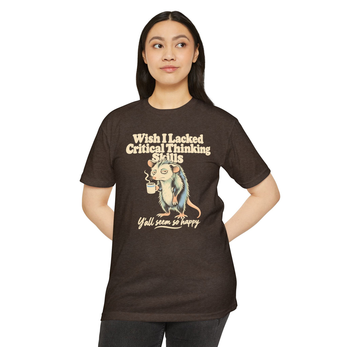 Short-sleeve T-shirt in dark brown with opossum holding coffee and printed slogan