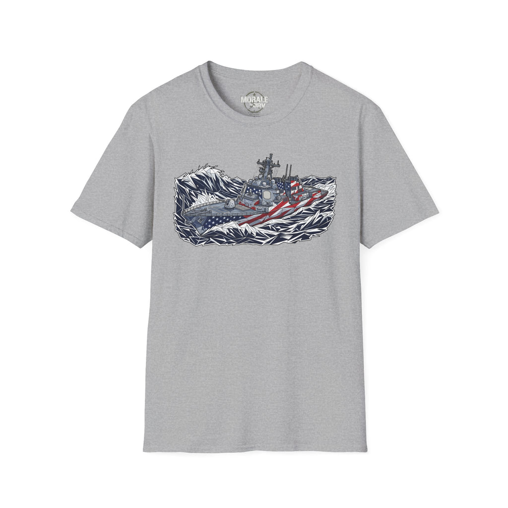 American flag battleship graphic T-shirt, heather gray with detailed warship and flag waves