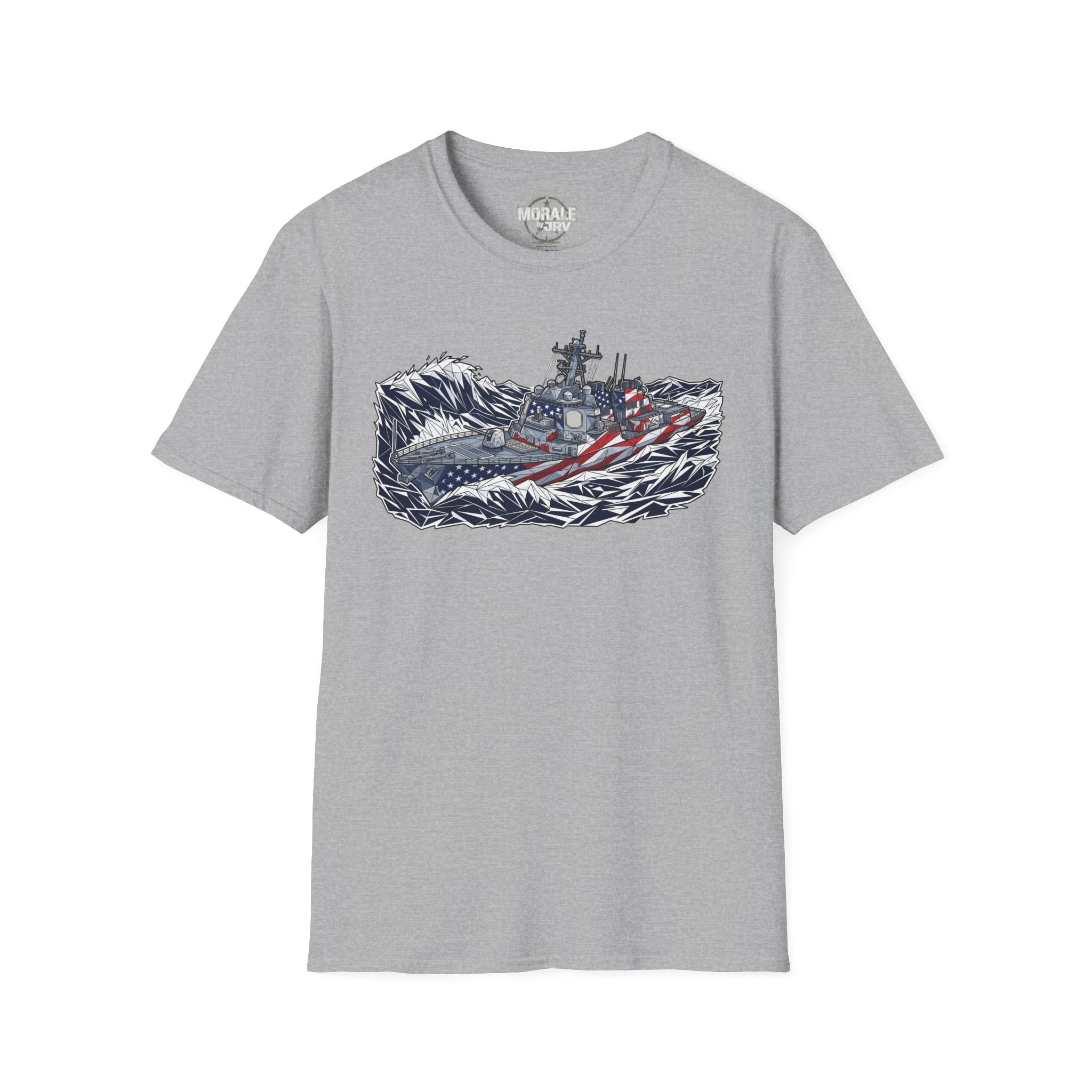 American flag battleship graphic T-shirt, heather gray with detailed warship and flag waves