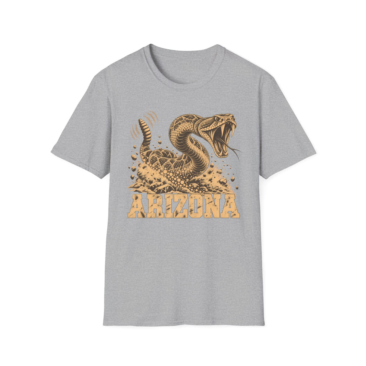 Men's light gray graphic T-shirt with coiled rattlesnake and 'ARIZONA' front print