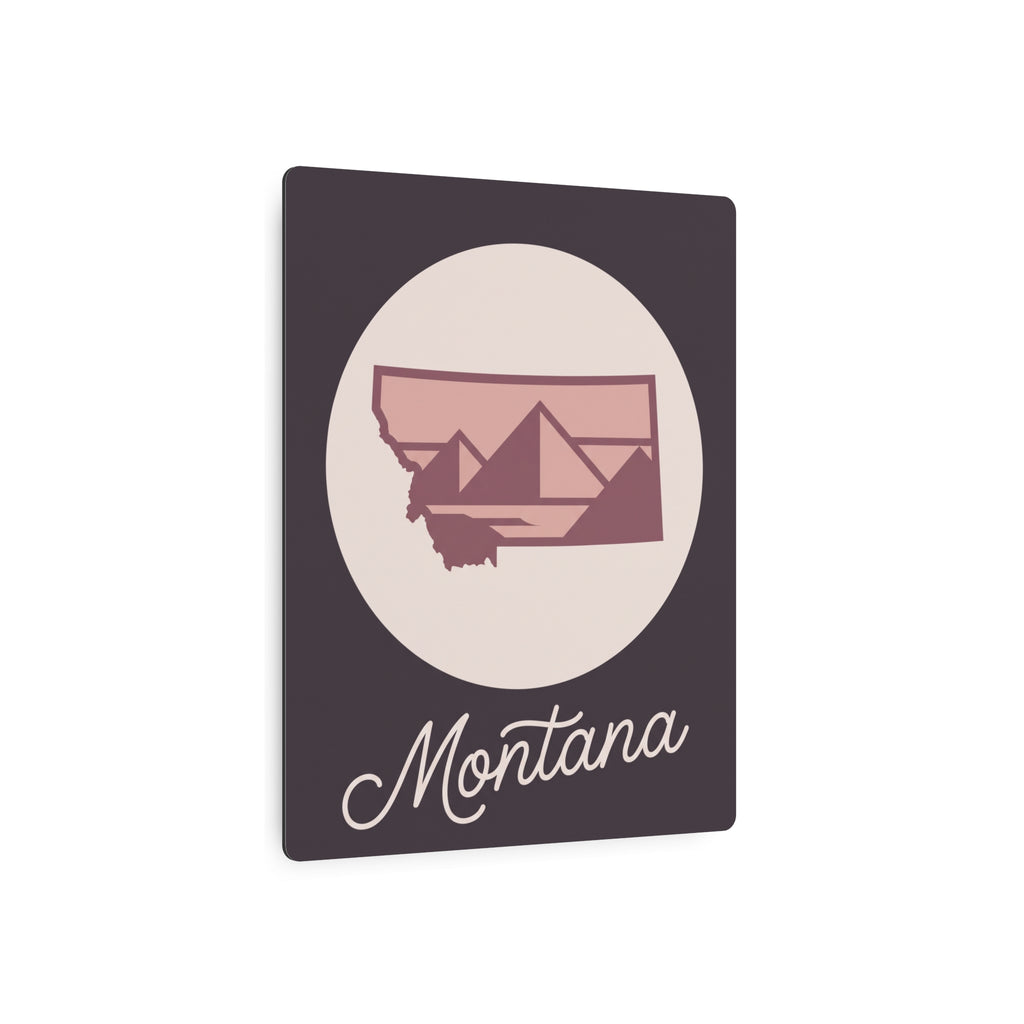 Mauve Montana silhouette metal wall art on dark square plaque, cursive Montana