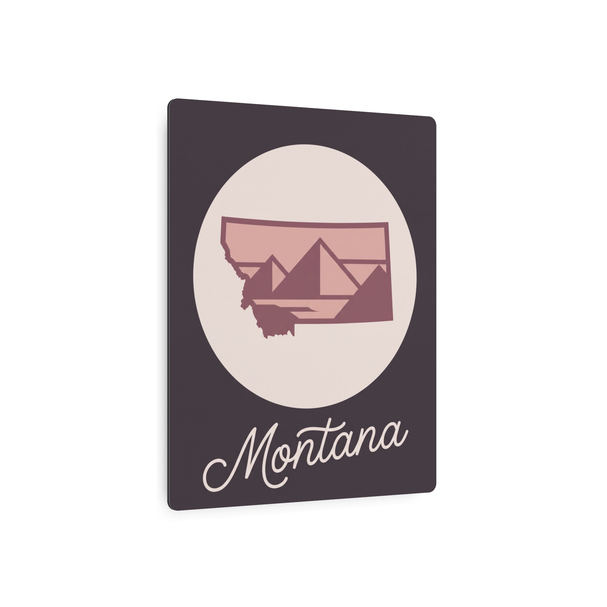 Mauve Montana silhouette metal wall art on dark square plaque, cursive Montana