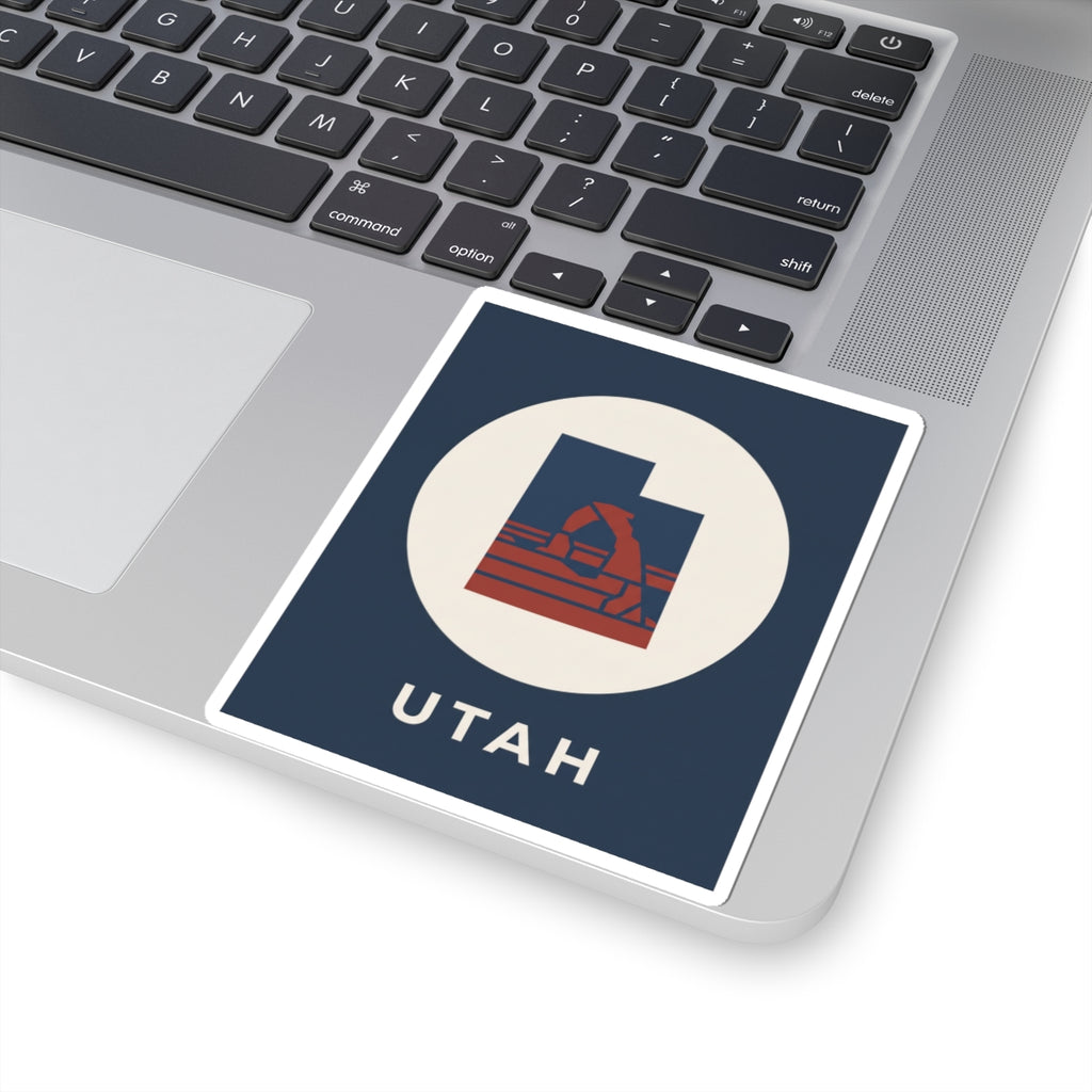 Navy Utah arch sticker with white circle, red arch design, and "UTAH" lettering
