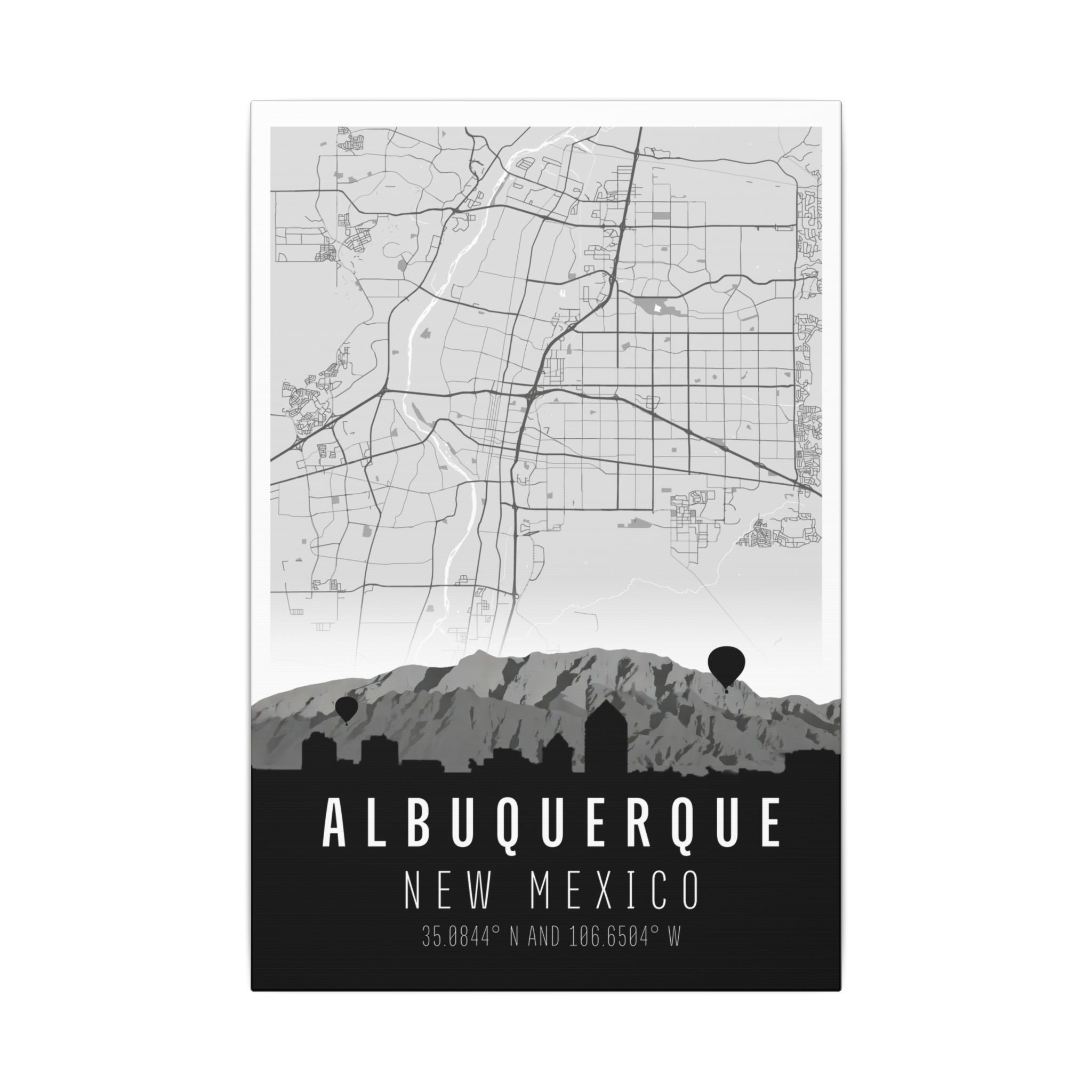 Albuquerque New Mexico canvas in white frame, map grid lines and skyline base