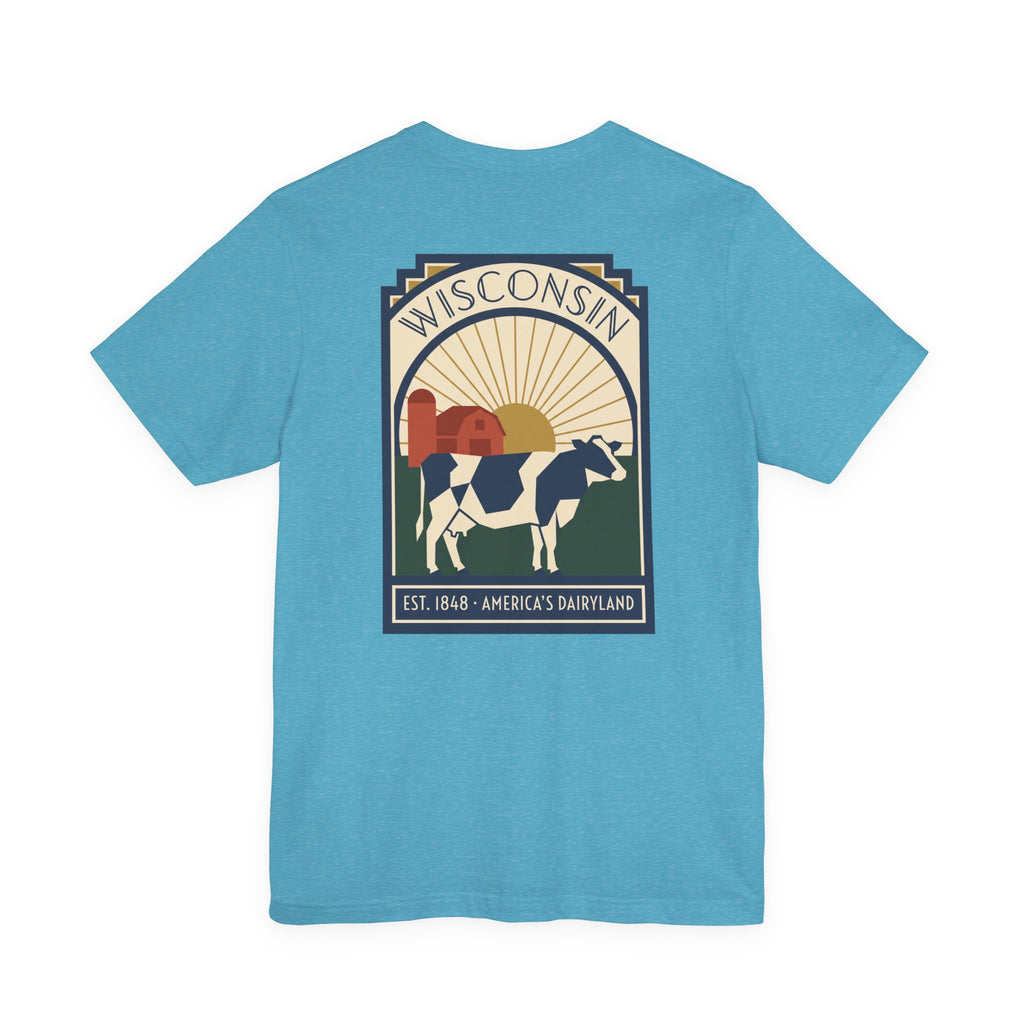 Heather aqua t-shirt with square Wisconsin dairy cow graphic on the front