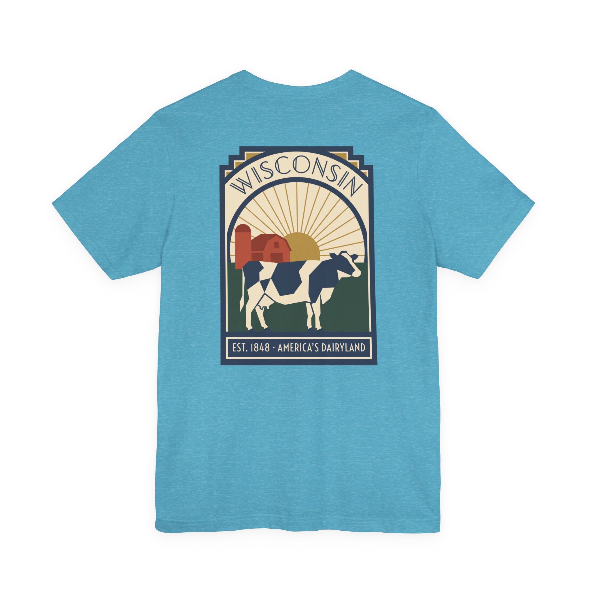 Heather aqua t-shirt with square Wisconsin dairy cow graphic on the front