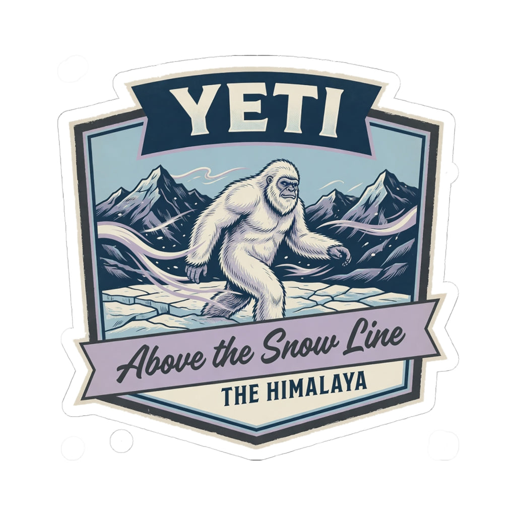 YETI Himalayan sasquatch above the snow line die-cut sticker with mountains and waves