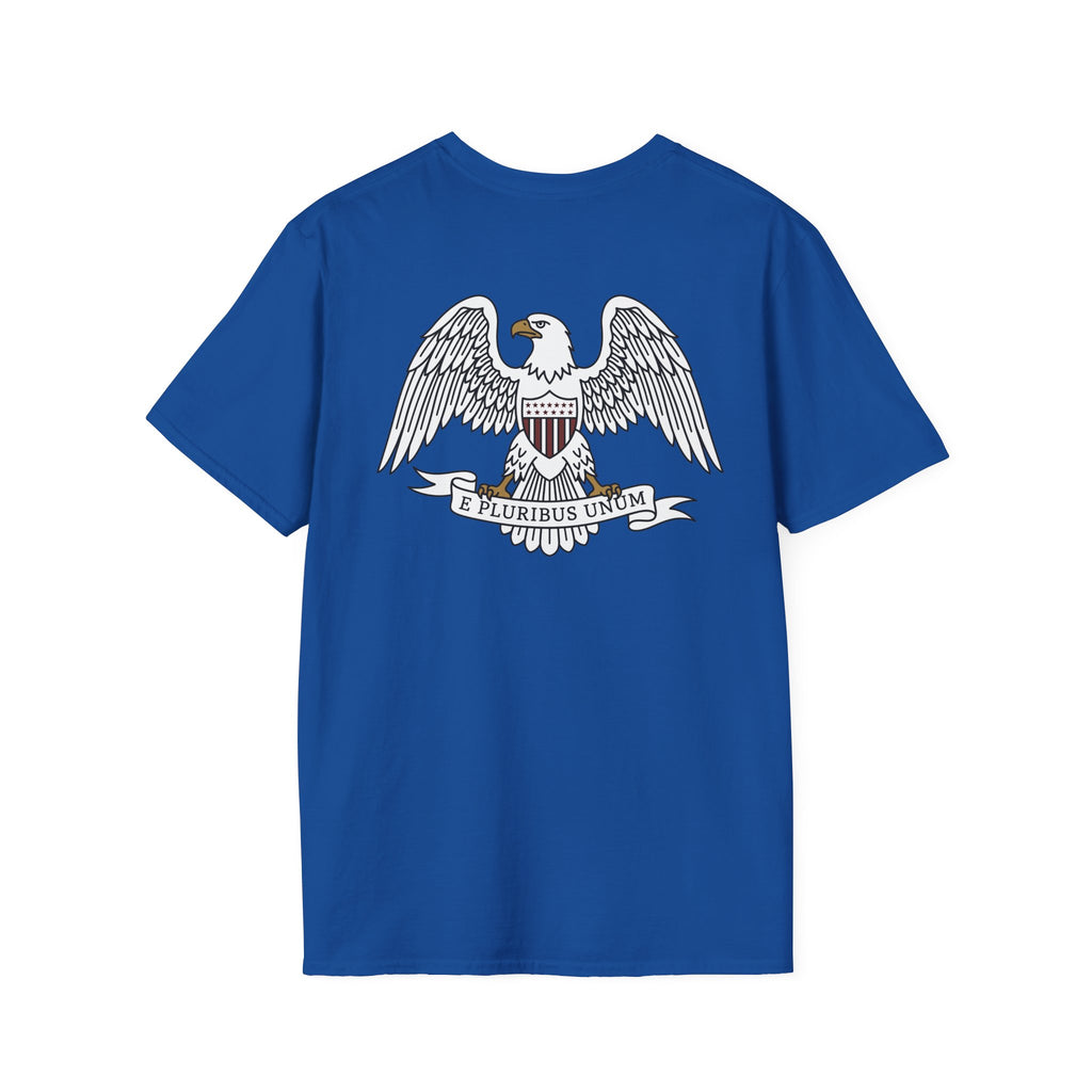 Royal blue graphic t-shirt with bald eagle shield crest and “E Pluribus Unum” text