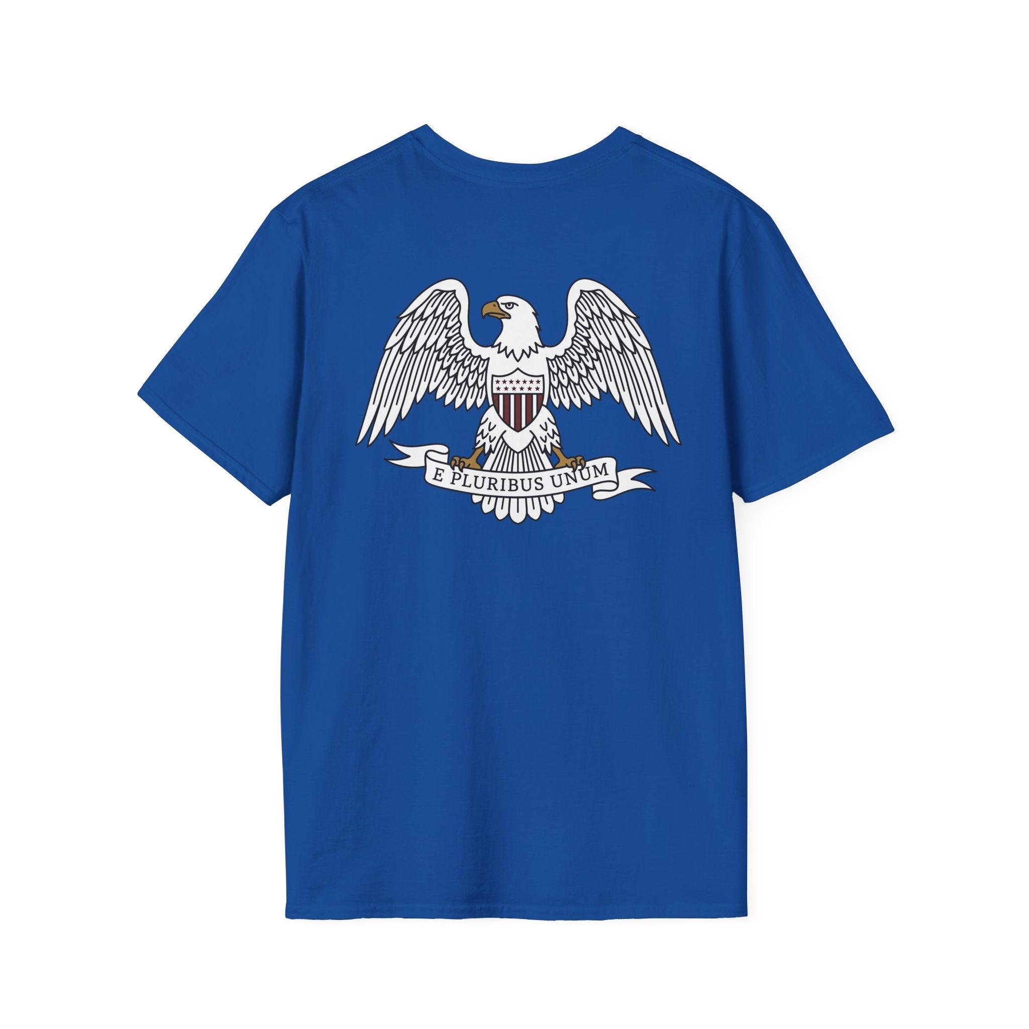Royal blue graphic t-shirt with bald eagle shield crest and “E Pluribus Unum” text
