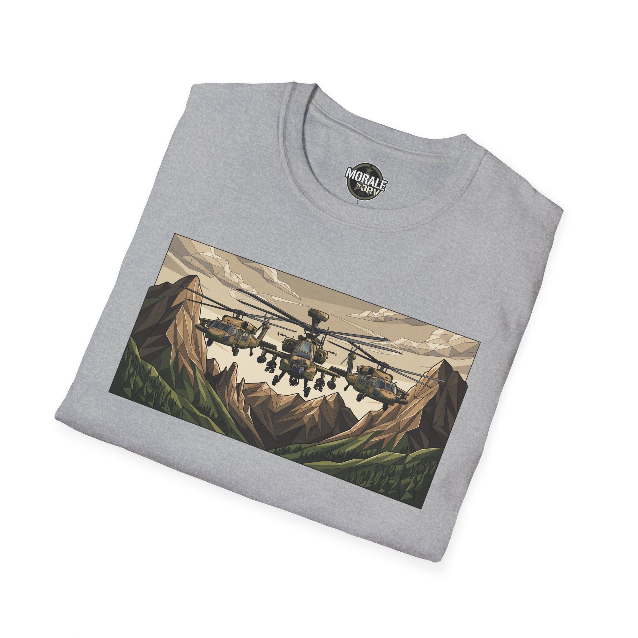 Attack Helicopter graphic T-shirt, heather grey with helicopter mountain print