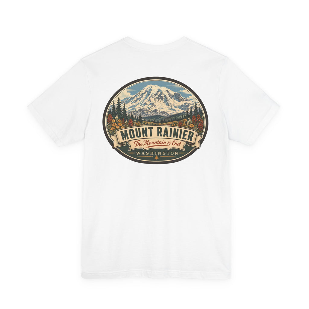 White crewneck T-shirt with large oval Mount Rainier graphic on chest