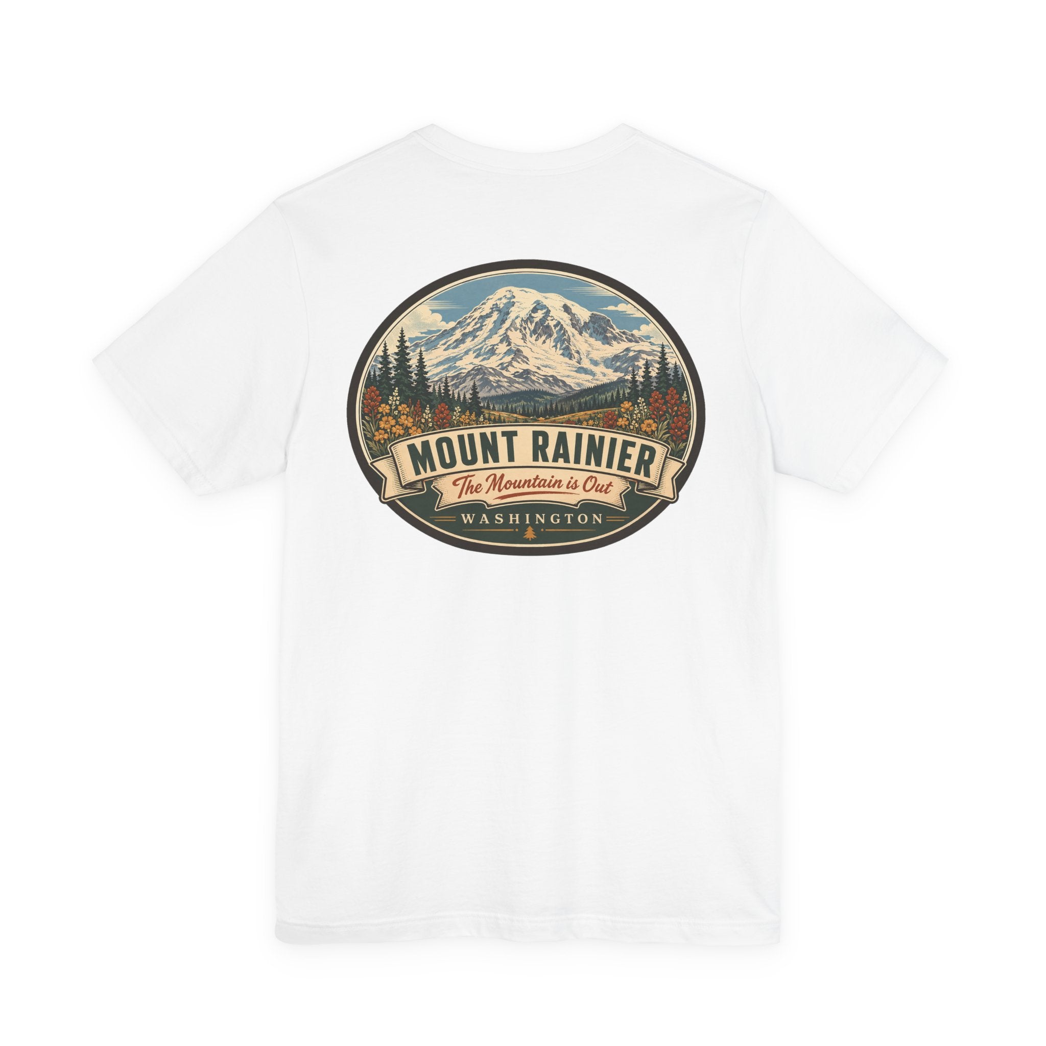 White crewneck T-shirt with large oval Mount Rainier graphic on chest