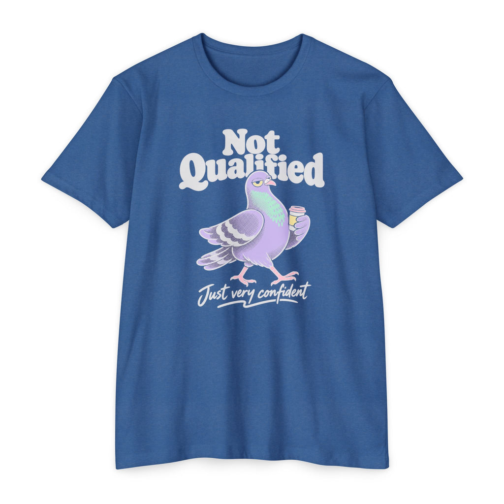 Blue crew-neck T-shirt with Not Qualified pigeon graphic