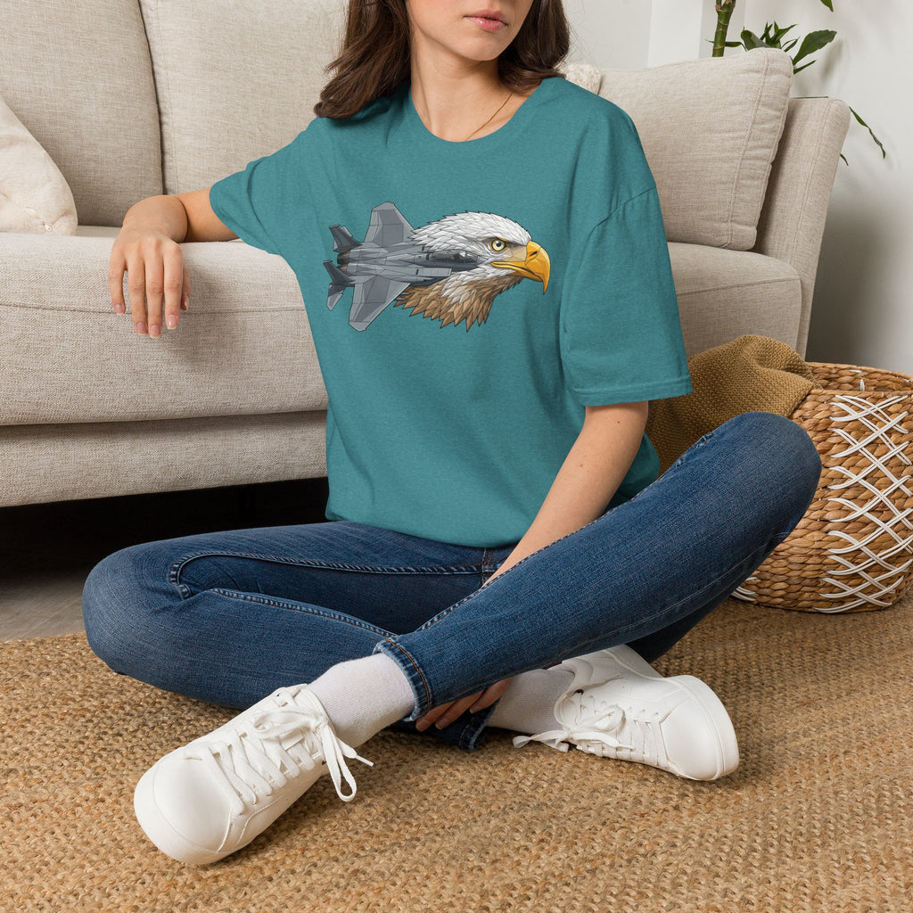 Teal T-shirt with eagle-and-fighter-jet front graphic
