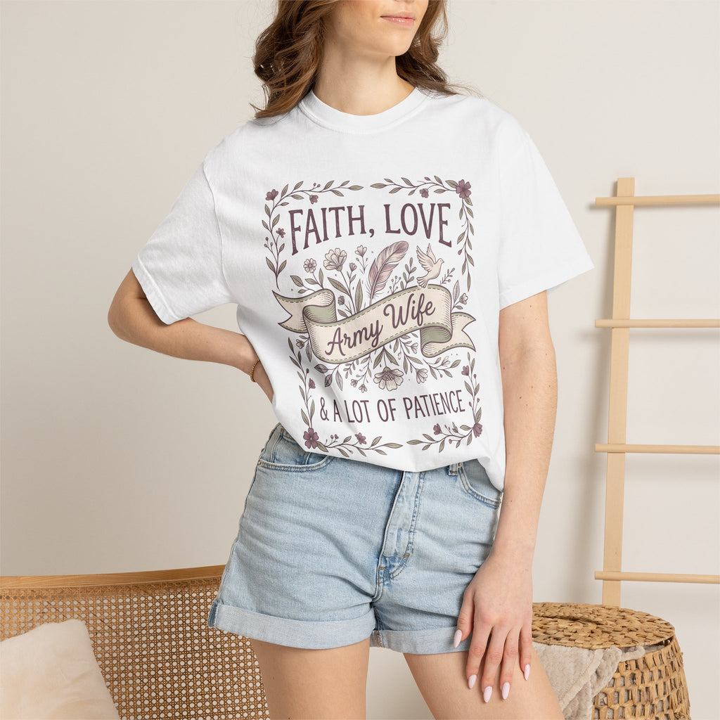 White crewneck T-shirt with floral 'Faith, Love' and ribbon 'Army Wife' front graphic.