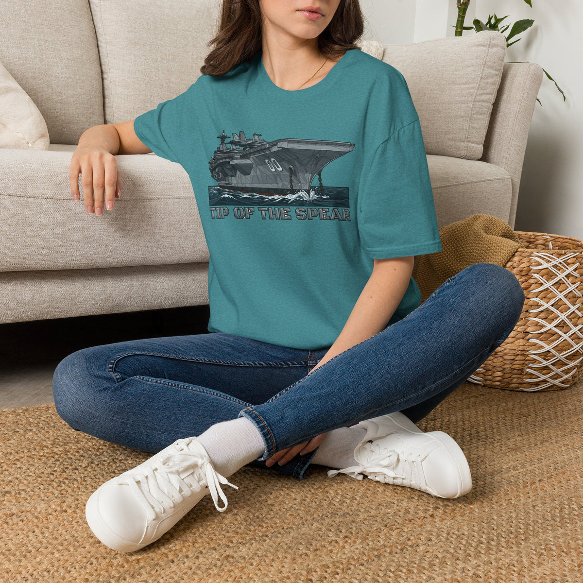 Teal T-shirt with front aircraft carrier graphic and 'Tip of the Spear' print