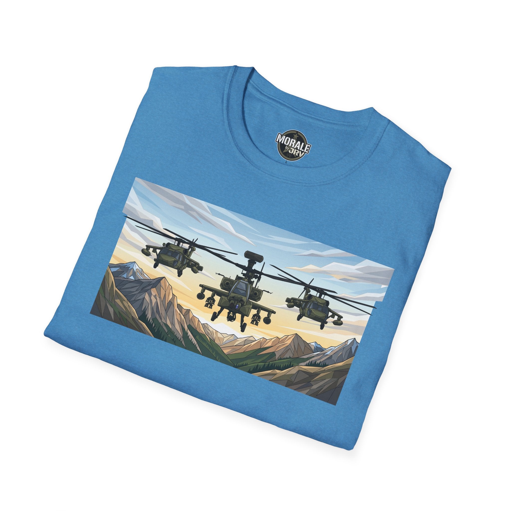 Light blue Attack Helicopters over mountain valley graphic T-shirt, folded