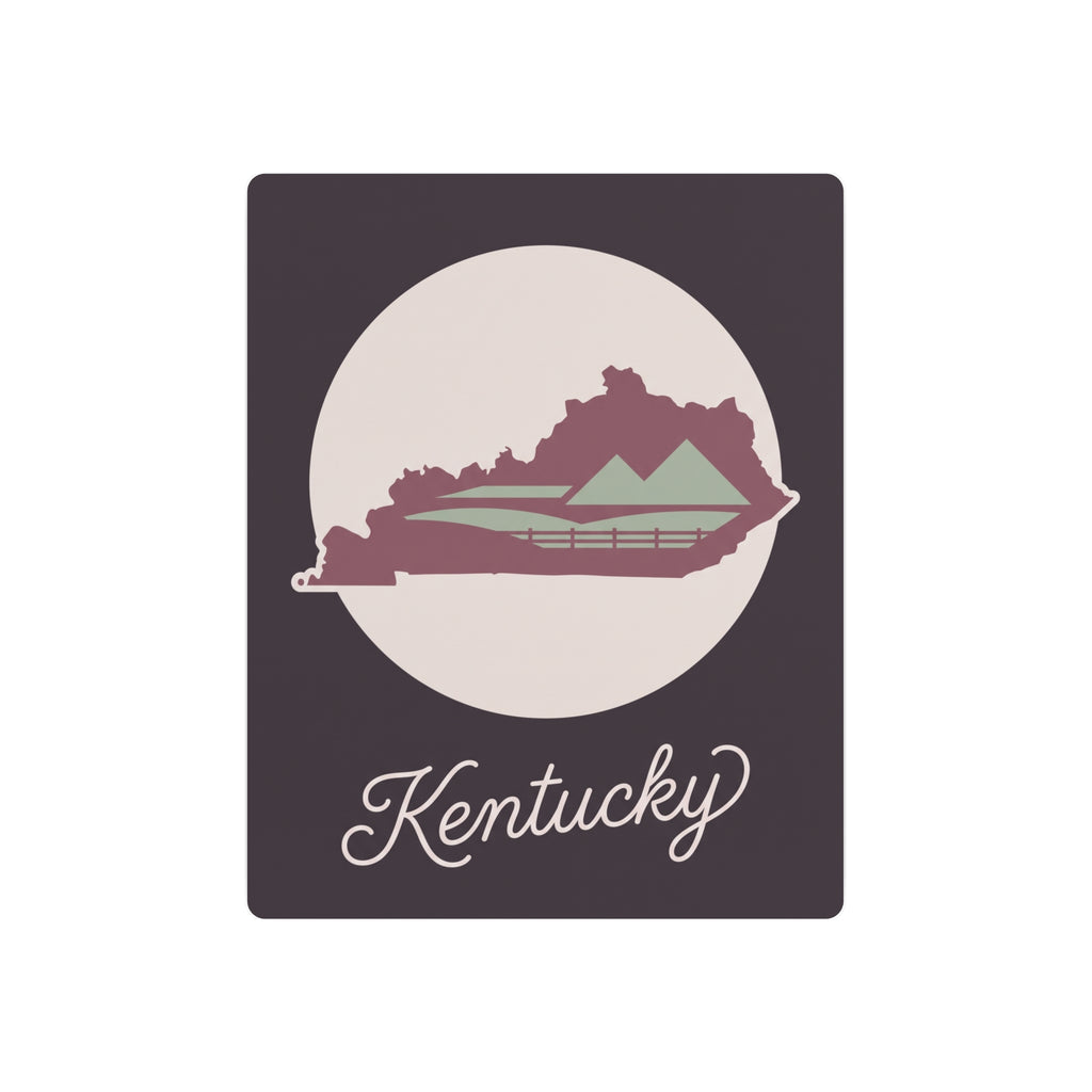 Kentucky metal wall art sign, mauve state silhouette with sage accents on dark square