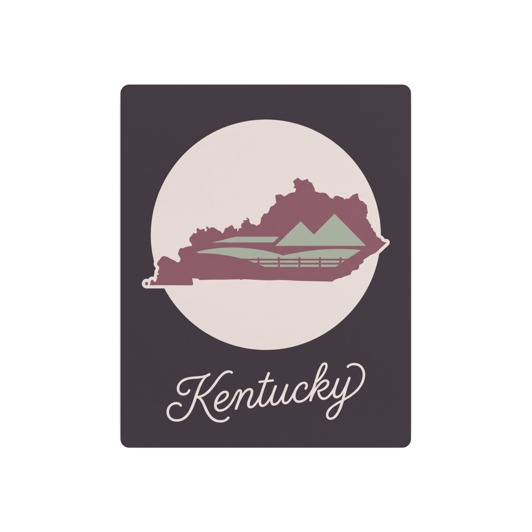 Kentucky metal wall art sign, mauve state silhouette with sage accents on dark square