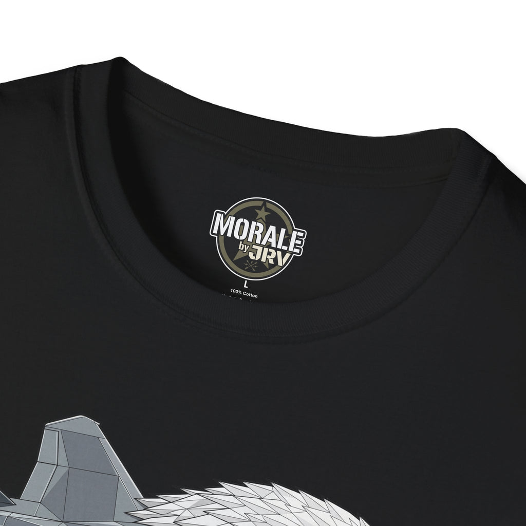 Black T-shirt close-up: neck label and top portion of eagle-jet graphic