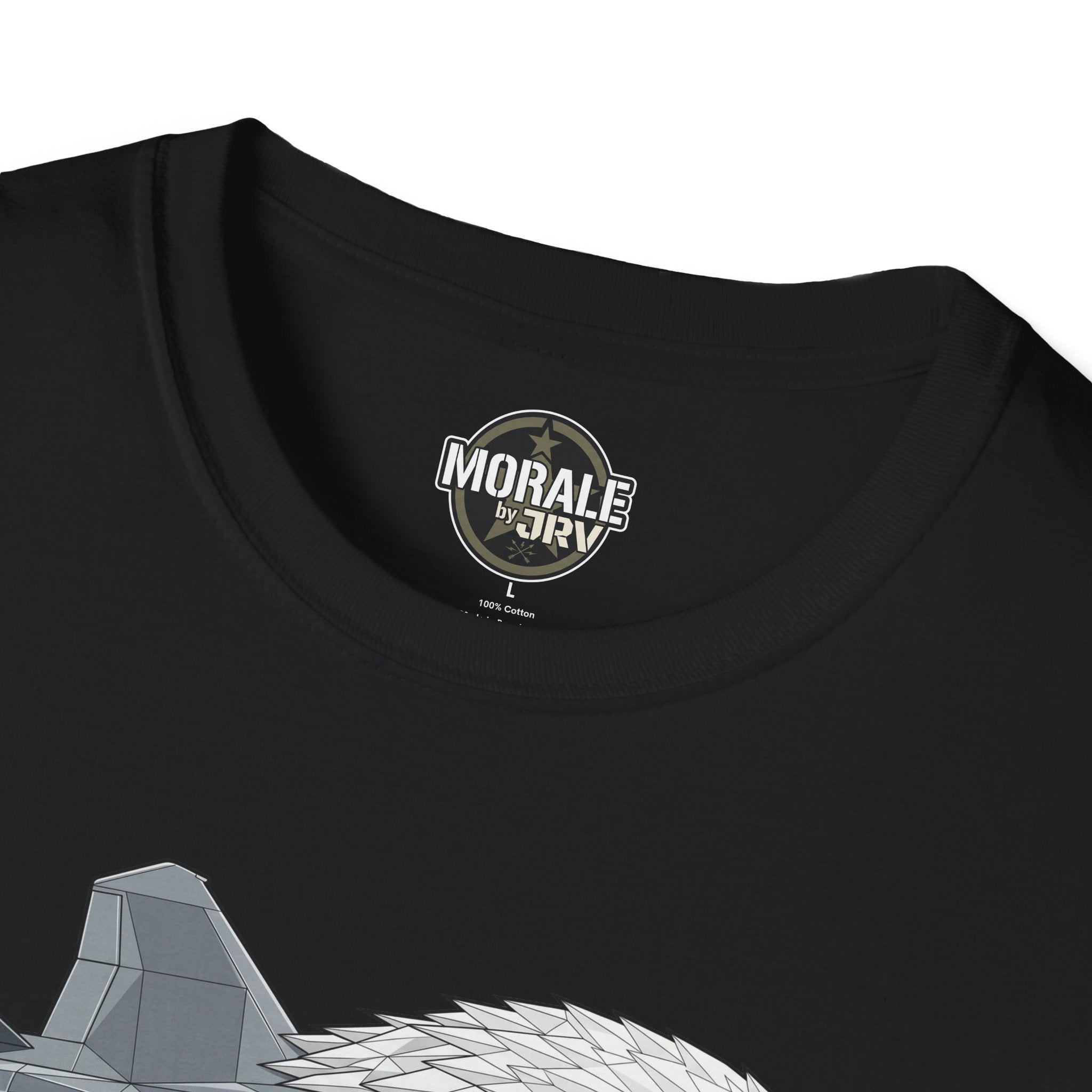 Black T-shirt close-up: neck label and top portion of eagle-jet graphic